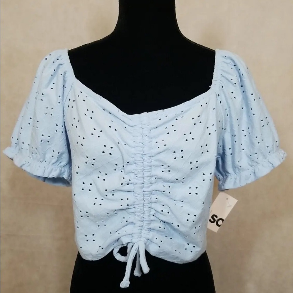 NWT SO Brand Junior Plus Size 1X Summer Shirt Blue Cinch Front Puff Sleeve Top